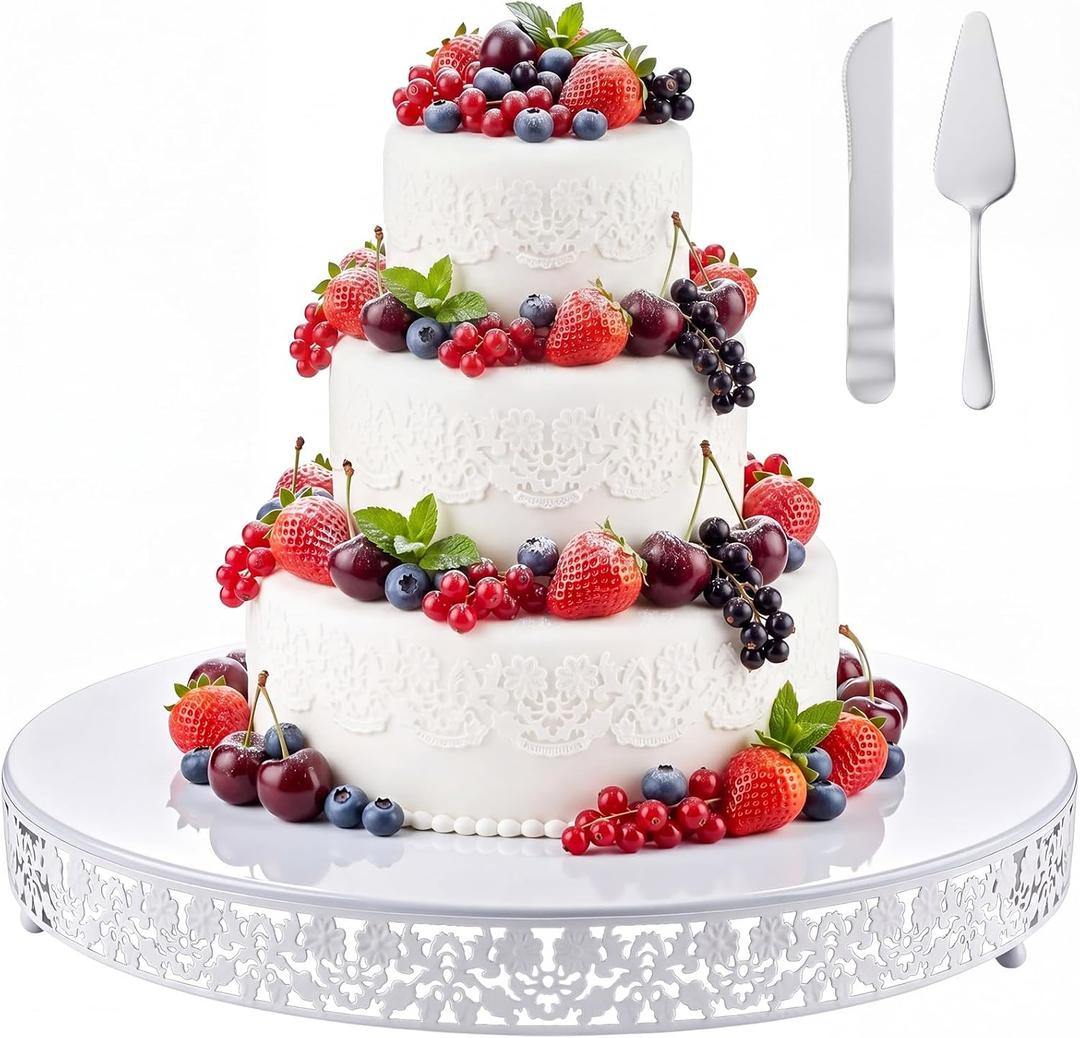 Wenqik 20 Inch White Cake Stand Set Metal Round Cupcake Dessert Stand with Cake Cutting, Flower Spatula Wedding Cupcake Pastry Display Candy Holder Display for Wedding Party Birthday Baby Shower