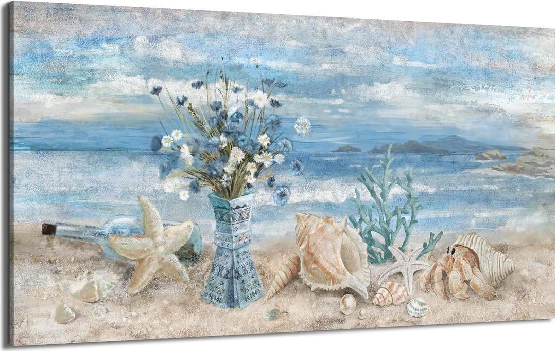 Beach Canvas Wall Art for Living Room Ocean Theme Seaside Print Blue Coastal Picture Abstract Seascape Landscape Pink Teal Painting Daisy Flower in Indian Vase Framed Artwork for Home Decor 30x60inch