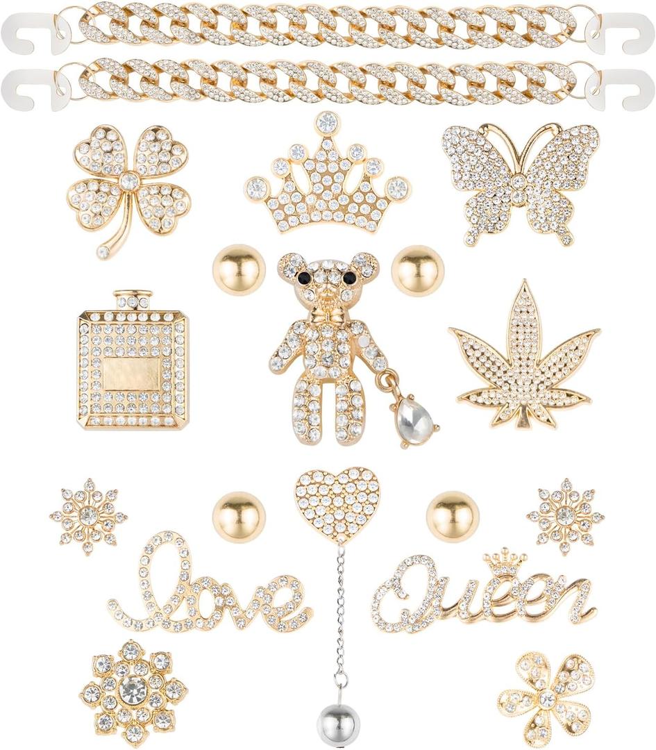 Bling Chain Decoration Charms, Luxury Rhinestone Cute Diamond Bear Love Flower Butterfly Crown Designer Jewelry Accessories for Women Girls Adults Gifts (RoseGold)