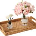 14.5'' Rattan Serving Tray Rectangle with Handles, Vintage Wicker Tray for Decor, Boho Seagrass Coffee Table Basket, Hand Woven Decorative Table Tray for Kitchen, Breakfast, Bathroom, Outdoor