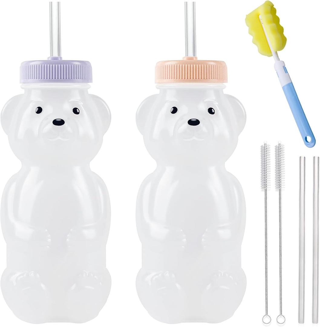 Honey Bear Straw Cups, Juice Bear Bottle Drinking Cup Long Straws with 4 Flexible Straws & Cleaning Tools, 8-Ounce Therapy Sippy Bottles for Speech and Feeding Training, Food-Grade & BPA Free 2 Pack, Small