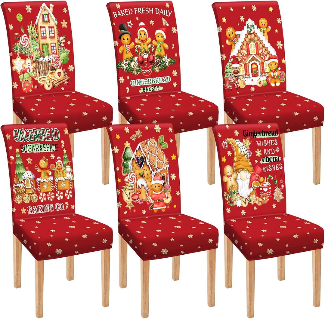 Moukeren 6 Pcs Christmas Dining Chair Covers Removable Washable Stretch Slipcovers for Xmas Restaurant Farmhouse Kitchen Hotel Decor Supplies (Gingerbread Man)