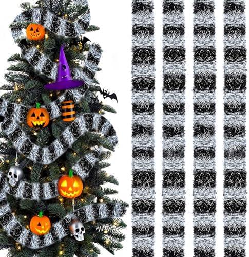 32.8FT Halloween Tree Sandworm Ornament Decorations, Black and White Metallic Foil Tinsel Twist Nightmare Sand Worms Hanging Garland Xmas Tree Decor for Scary Home Backdrop Holiday Birthday Party