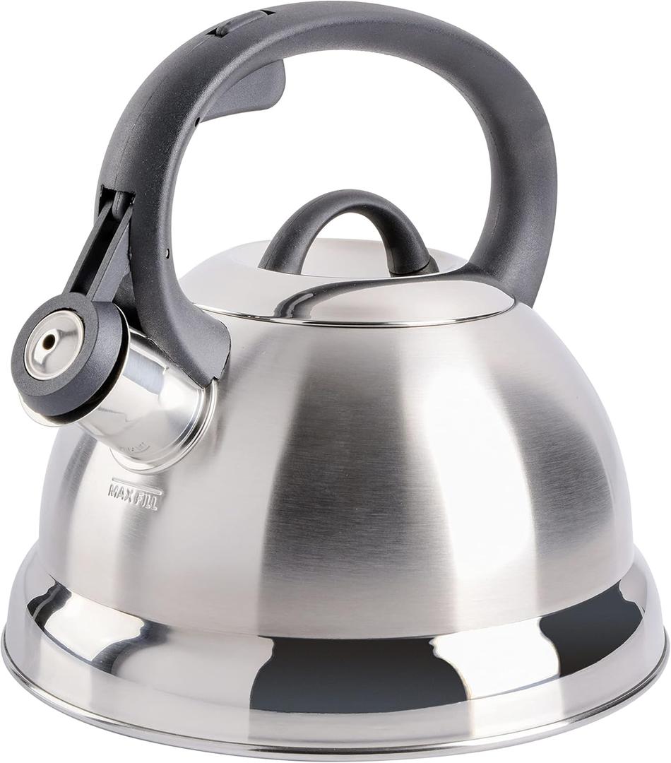 Mr. Coffee Flintshire 1.75-Quart Stainless Steel Whistling Tea Kettle – Brushed Satin Finish Stove-Top Kettle for Boiling Water, 1.8 Quarts