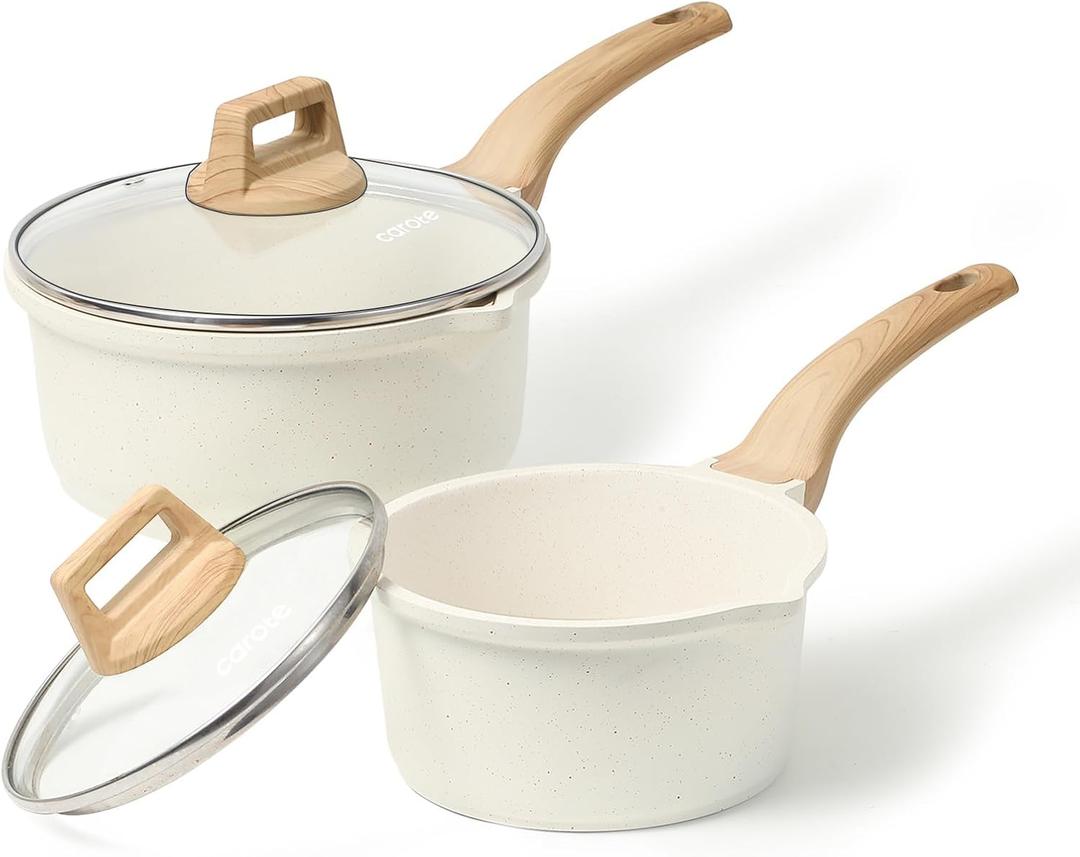 CAROTE 1.5Qt & 3.0Qt Sauce Pan Sets with Lid Cooking Pots Nonstick Saucepans Cookware Set with Pour Spout Small Kitchen Pot, Induction Comptable, Easy to Clean, PFOA FREE (White Granite), 2 Pices