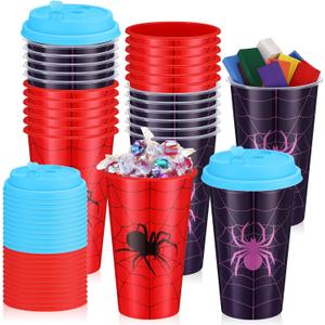 24 Pcs Spider Party Supplies Gift Spider Cup Bulk 16oz Thick Plastic Disposable Hot Cold Drink Cup Web Birthday with Lid for End of The Year Holiday Gifts (Red,Purple)