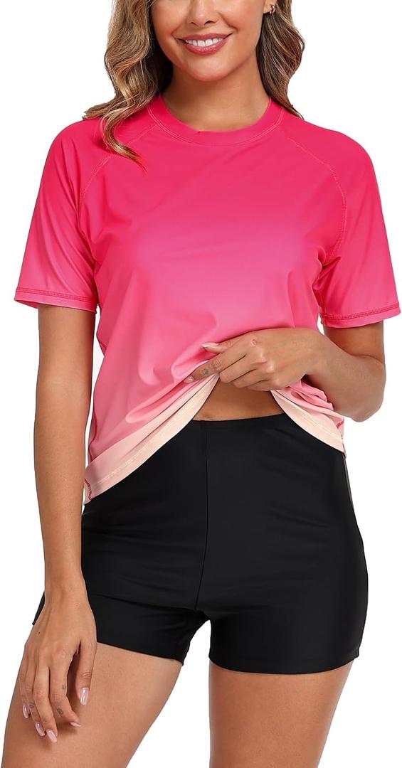 Halcurt Women's Built in Bra Rash Guard UPF 50 Two Piece Swimsuit Shirt and Board Shorts XL
