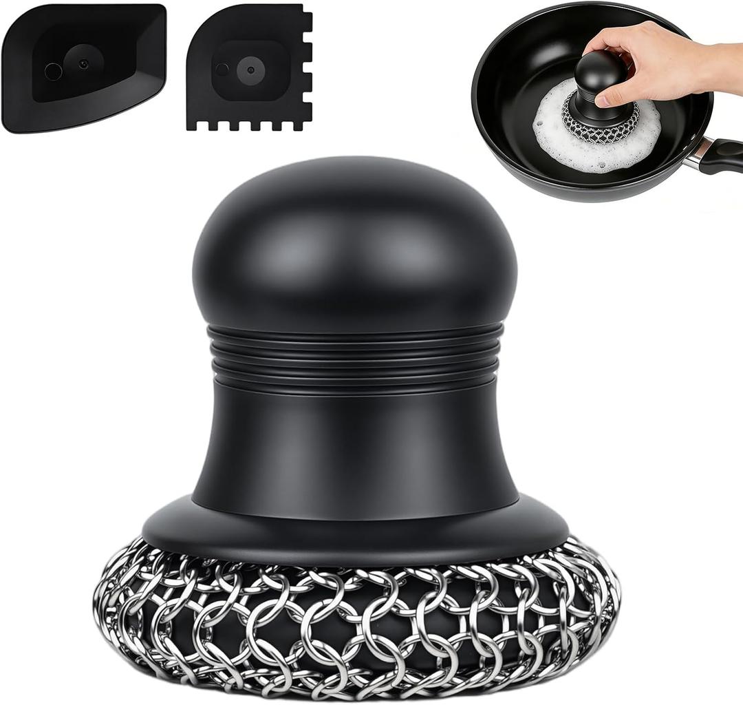 316 Upgraded Cast Iron Scrubber with Pan Scraper,Cast Iron Cleaner for Grill Pan Skillet Wok Carbon Steel,Ergonomic to Hold Easy to Use Dishwasher Safe ((Large Chain Mail))