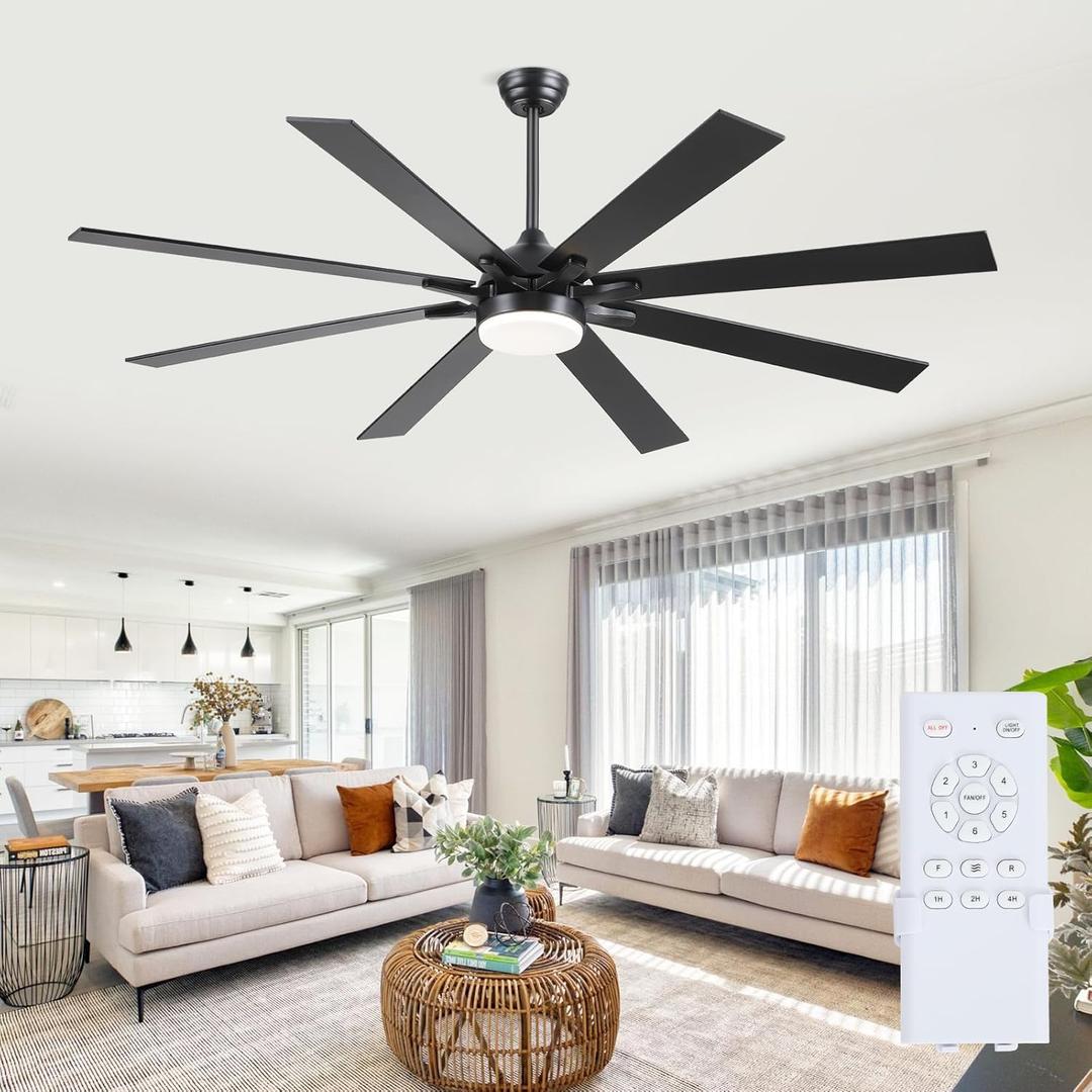 72 Inch Large Ceiling Fans with Lights and Remote, Indoor/Outdoor Black Modern Industrial Ceiling Fan with Light for Living Room Patios Porch, Reversible Quiet Motor, 8 Dual Finish Blades
