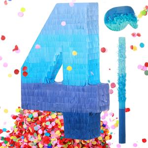 Sratte Number 1 2 3 4 5 6 7 8 9 Piata with Stick Blindfold Confetti, Gradient Blue Piata for Kids Boys Girls Birthday Party Anniversary Decorations Supplies(Number 4)