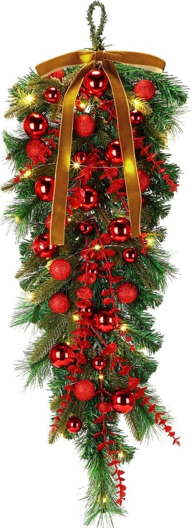 24 Inch Khaki Extra Long Valentines Teardrop Swag with Lights Red Balls Velvet Bows Cedar Teardrop Wreath Ornaments Valentines Decorations for Indoor Outdoor Stairs Hanging Doors Tables