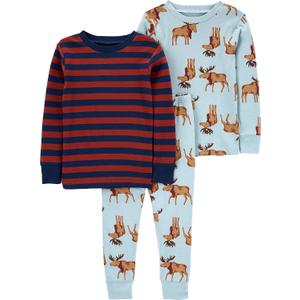 Simple Joys by Carter's Baby 3-Piece Snug-fit Cotton Holiday Pajama Set (2T, Burgundy Stripe/Light Blue Moose)