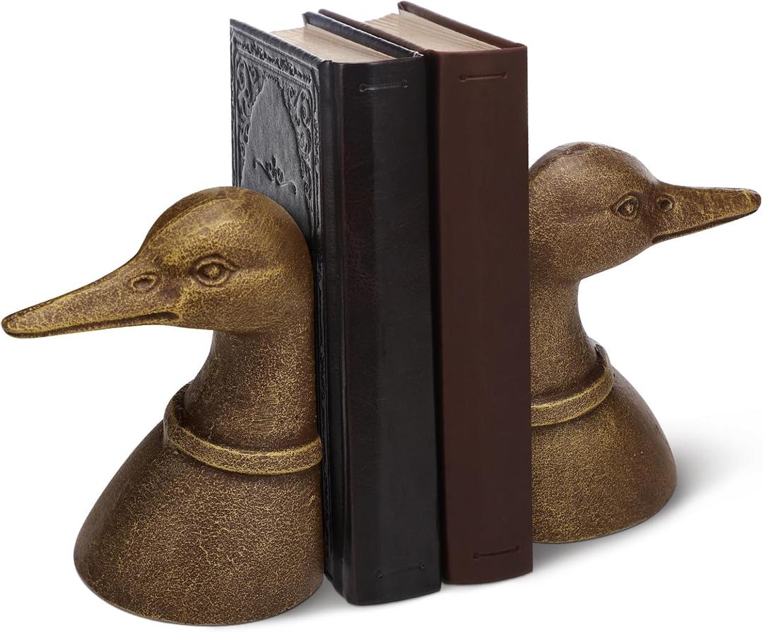 Vintage Brass Color Decorative Distressed Cast Metal Duck Head Bookends, Metal Duck Book Ends for Shelves, 4.25 x 3 x 5.75 Inches, Rustic Vintage Home Office Organizer Set of 2