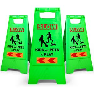 XPCARE 24 Inches Kids Playing Sign for Street, 3PACK Green Children at Play Safety Sign with Reflective Tapes,Caution Slow Down for Street,Kids and Pets at Play Warning Signs