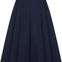 Belle Poque Women Vintage Pleated Skirt with Pockets A Line Midi High Elastic Waist Flared Skirt for Office Daily, Navy Blue Size L