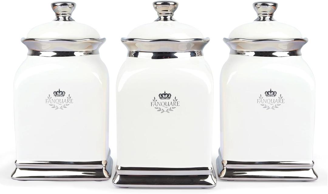 fanquare 30 OZ Cookie Jar, White Kitchen Canisters Set of 3, Farmhouse Porcelain Decorative Jars for Countertop, Ceramic Storage Jar for Coffee, Sugar, Tea Bag