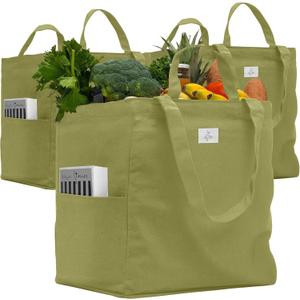 Nook Theory 3 Pcs Reusable Grocery Bags - Heavy Duty Canvas Bags, Large Reusable Shopping Bag, Picnic, 100% Cotton (Sage)