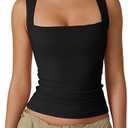 QINSEN Women's Square Neck Sleeveless Double-Layer Tank Tops Basic Tight T Shirts, Small