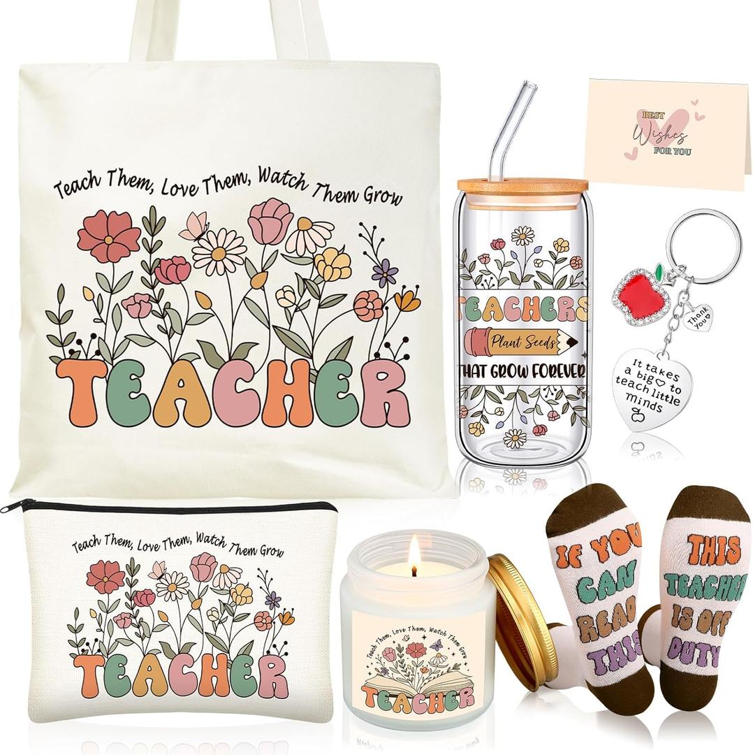 Funnymoom 6 Pcs Teacher Gifts from Students End of Year Teacher Appreciation Gifts Set with 17 oz Glass Cup Canvas Tote Makeup Bag for Graduation Birthday Thanksgiving Retirement