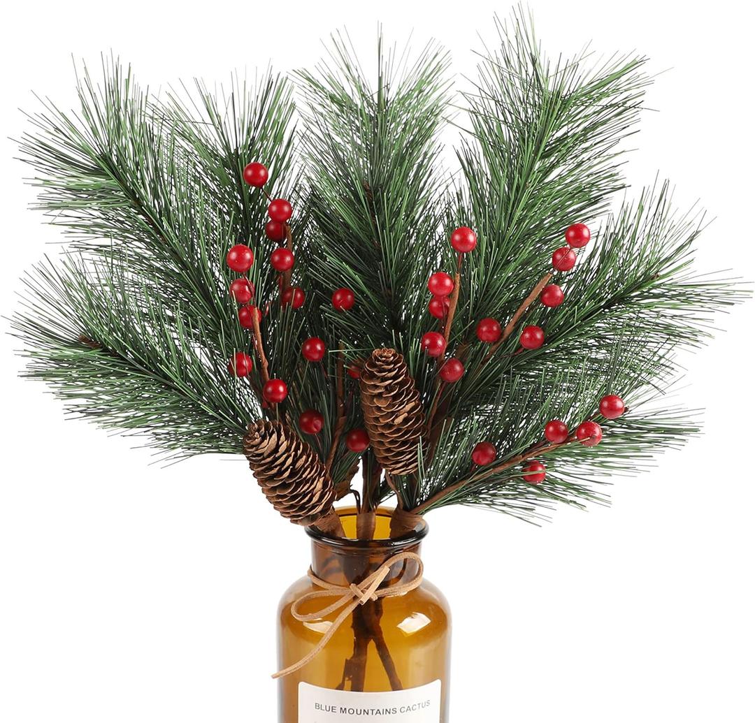 famibay Christmas Berries Pine Picks 4 Pack Artificial Red Berry Pine Branches Stems for Christmas Floral Arrangement Wreaths DIY Christmas Tree Holiday Decorations (16 inch)