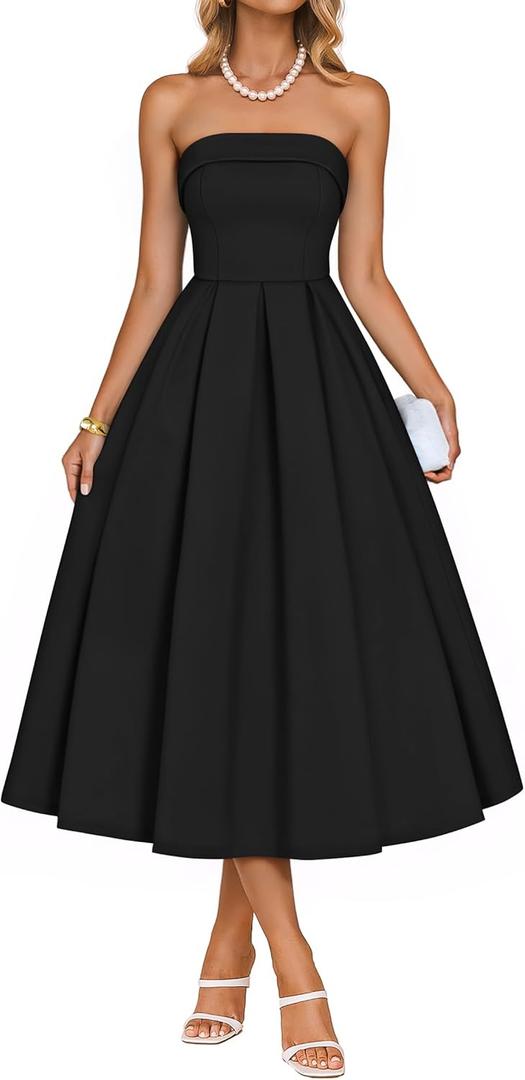 ZESICA Women's Summer Strapless Cocktail Dresses 2026 Elegant Off Shoulder Flowy A Line Wedding Guest Party Midi Dress Black X-Large