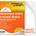 Frisco Craft Premium Printable Vinyl Sticker Paper for Inkjet Printers - Matte, 8.5" x 11" (A4) - Water-Resistant, Durable, Easy-Peel Sheets for Custom Labels, Decals, & Stickers (100 Sheets)
