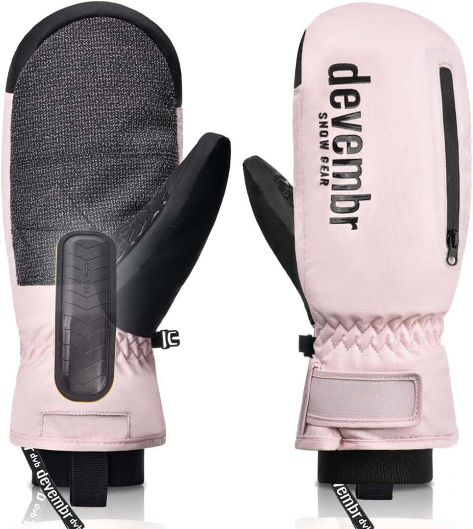 devembr Ski Mittens with Wrist Guards and Undercuff Design, Snowboard Mittens Touchscreen (Large, Pink)