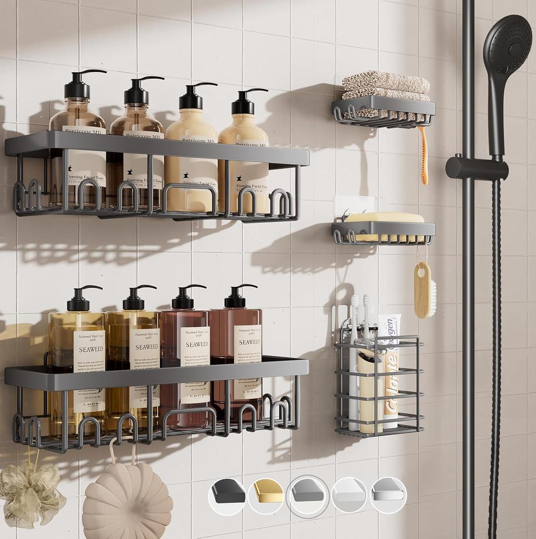 Veken Adhesive Shower Caddy 5-Pack,Heavy Weight Bearing,Large Wall Mounted Shower Shelves Rack,Organizer Storage Accessories with Soap Dish&Toothbrush Holder,Ideal for Bathroom,Home&Kitchen,Light Grey (5-Piece Set)