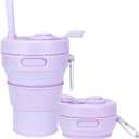 Silicone Collapsible Travel Mug Purple 15oz / 450ml - Leak-Proof Reusable Silicone Water Bottle for Hot and Cold Beverages - Travel Office and Home - Dishwasher Safe - Straw Included