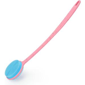 VWMYQ Silicone Back Scrubber for Shower, 17in Lengthen Long Handle Body Brush, Double Sided Shower Brush for Shower Exfoliating and Massage Can Produce Rich Foam, Long Handle Back Scrubber for Men (Pink Blue)