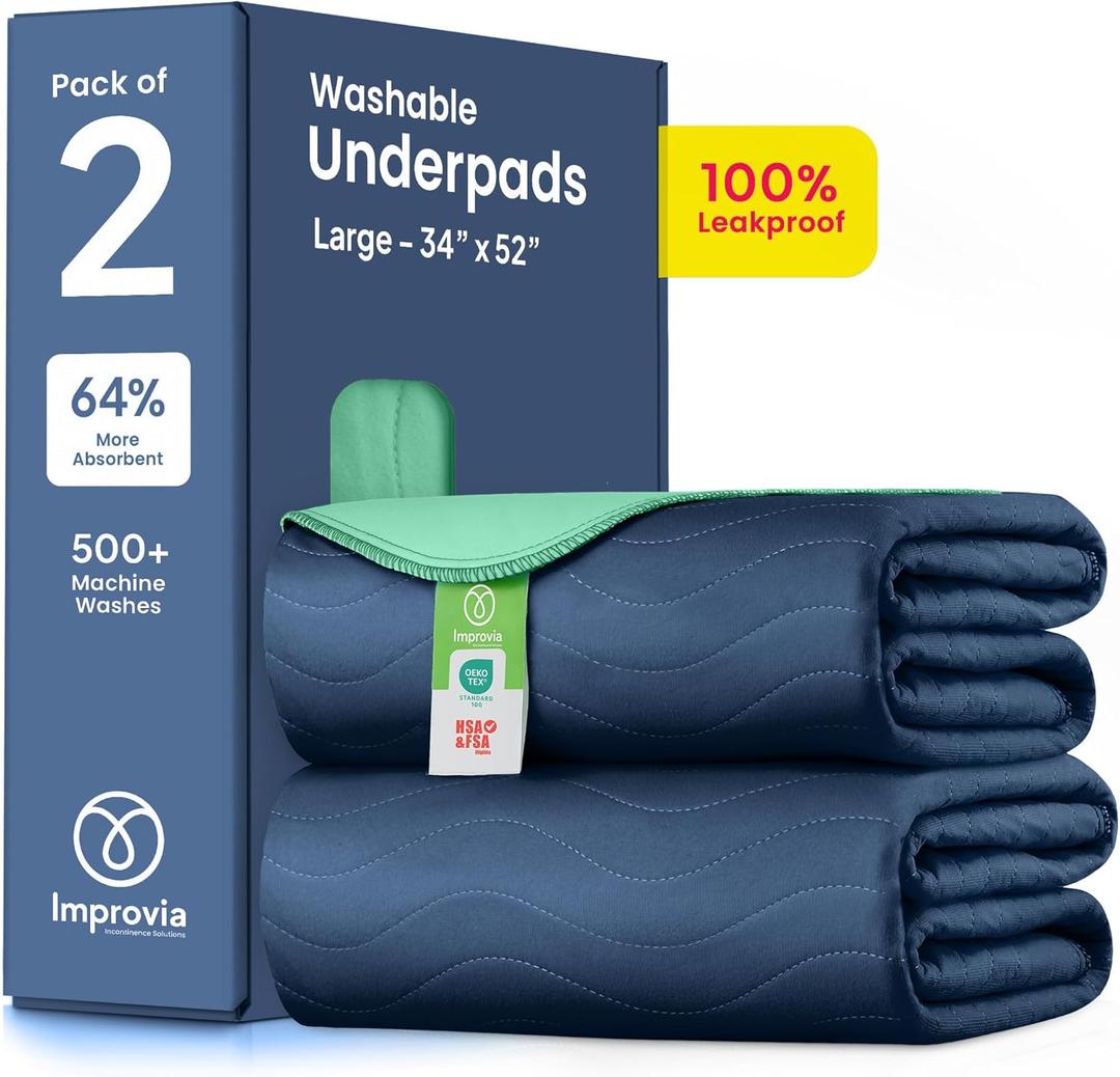 IMPROVIA Washable Underpads 34" x 52" Pack of 2 Heavy Absorbency Reusable Bedwetting Incontinence Pads for Adults, Kids, & Pets - Waterproof Protective Pad for Bed, Couch, Sofa, Floor (Navy & Green)