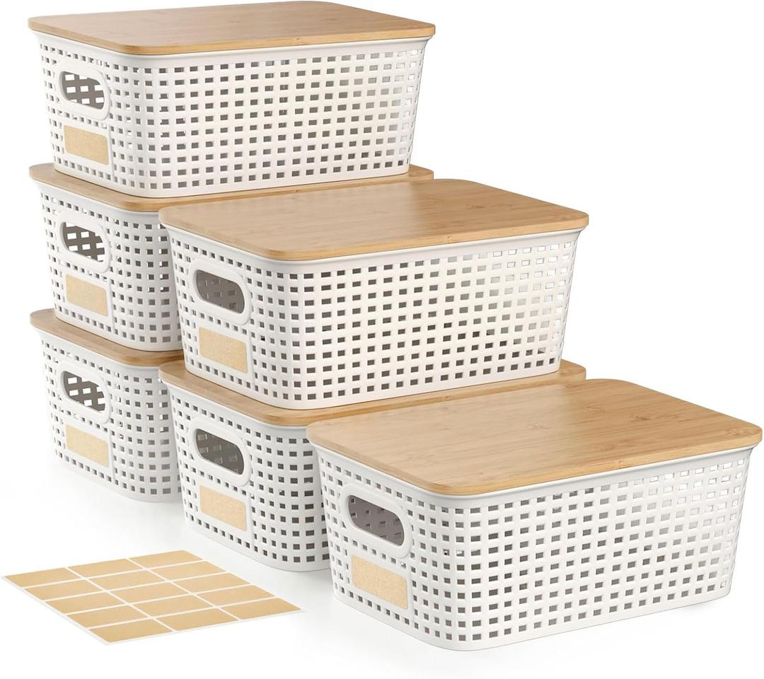 6-Pack Small 5 Qt Stackable Storage Bins with Bamboo Lids - Decorative Cute Plastic Baskets Boxes Containers with Labels for Organizing Shelves, Classroom, Closet, Desktop, Office-White