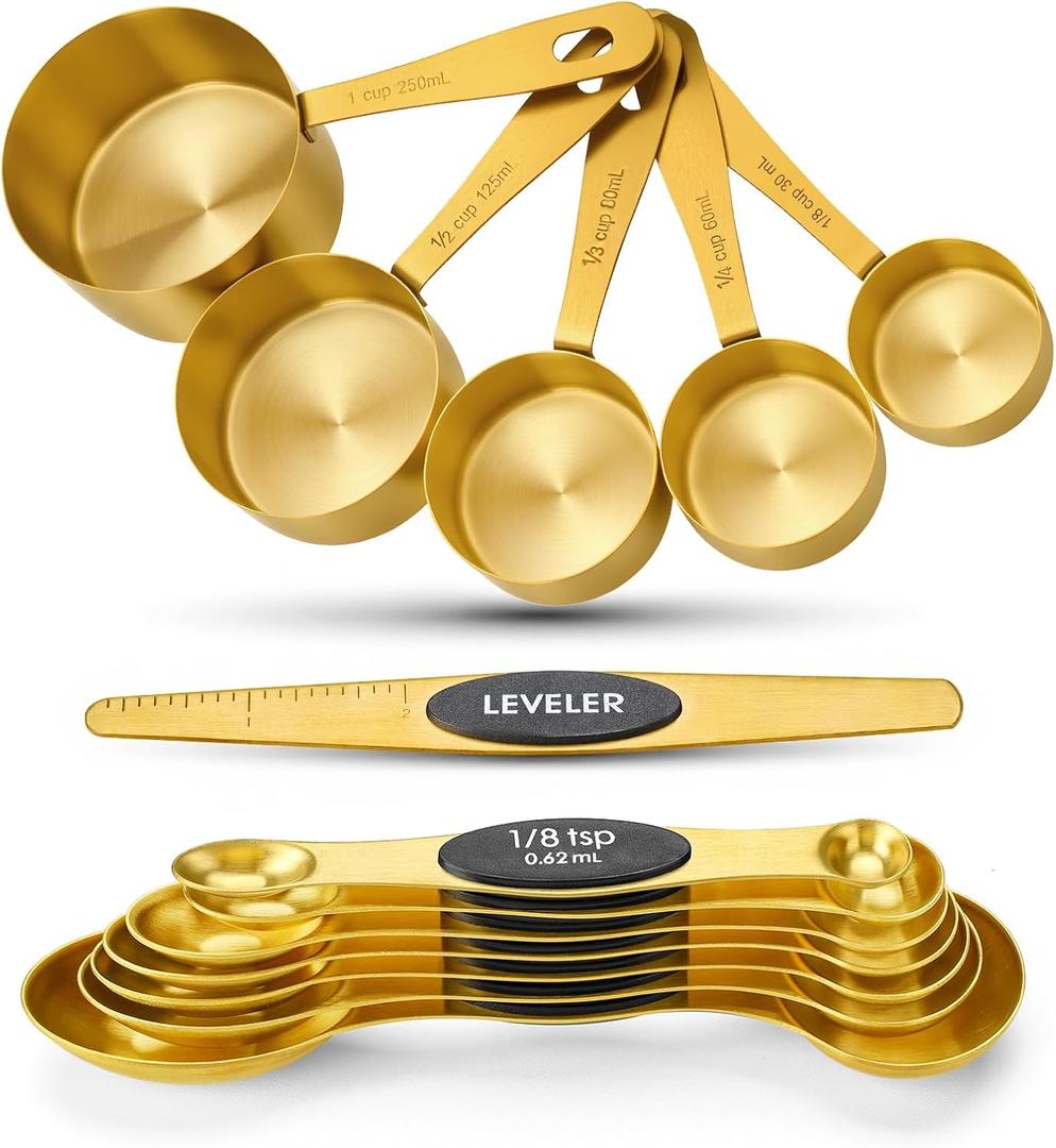 Foyucool Gold Measuring Cups and Spoons, Set of 13, Including 8 Dual Sided Magnetic Measuring Spoons set with Leveler, 5 Measuring Cups, Stainless Steel Kitchen Gadgets for Liquid & Dry Ingredients
