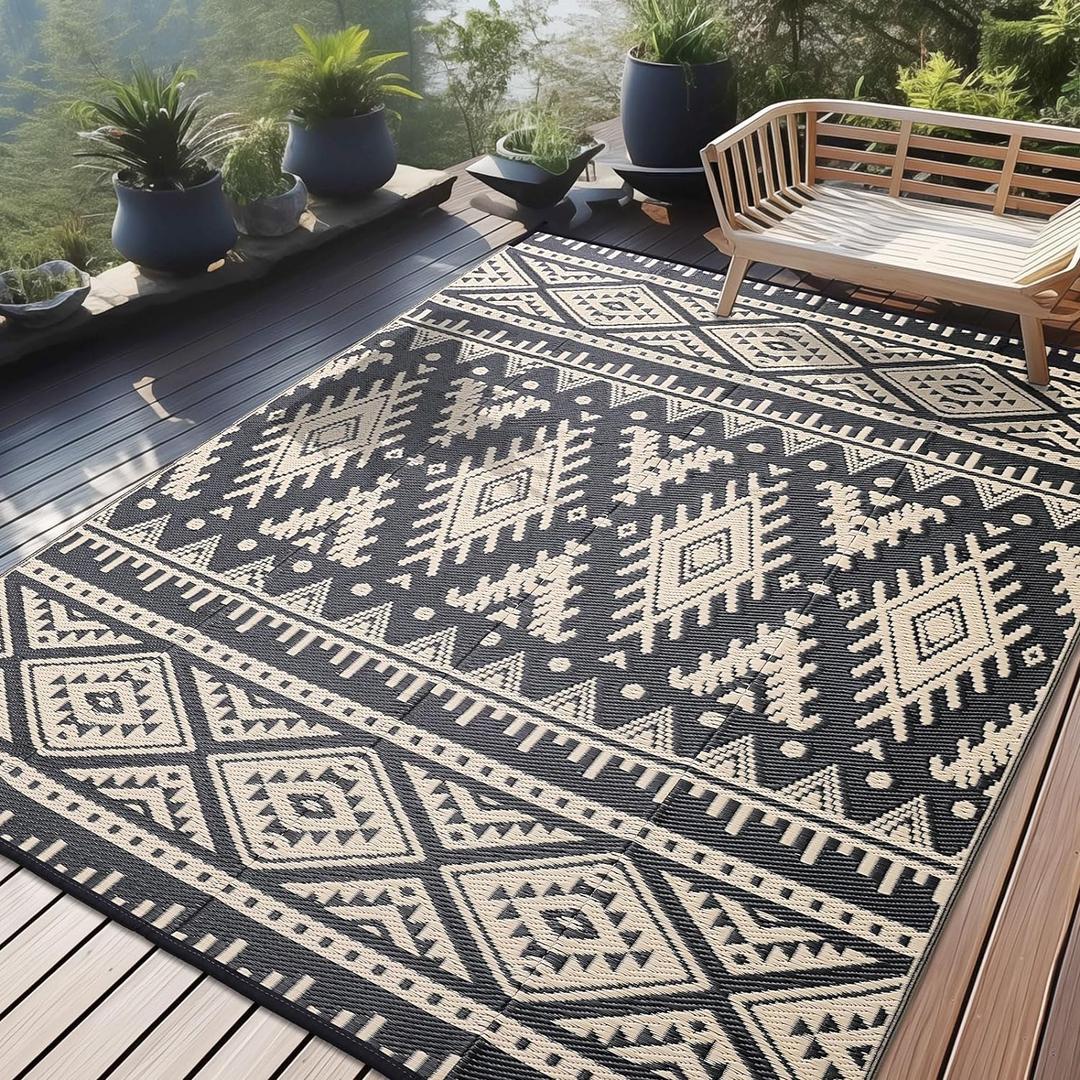 OLANLY Outdoor Rug Waterproof 9x12 ft, Reversible Outdoor Plastic Straw Rug, Boho Patio Rug, Indoor Outdoor Carpet, RV Mat Outside for Patio, Camp, Picnic, Balcony, Deck, Backyard, Black & Beige