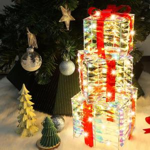 Lulu Home Set of 3 Christmas Decorations, 140 LEDs Light Up Boxes with Red Bows, Plug-in Lighted Xmas Boxes with Timer for Christmas Trees Holiday Display Party Indoor Decors