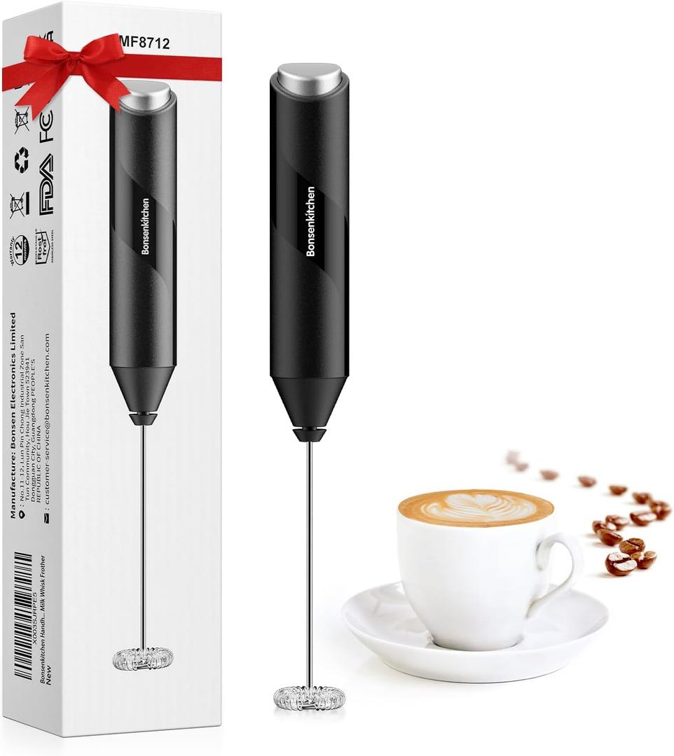 Bonsenkitchen Electric Milk Frother Handheld, Portable Whisk Milk Foam Maker, Drink Mixer for Coffee, Matcha, Electric Stirrer Coffee Mixer, Battery Operated(Not Included) (Black)