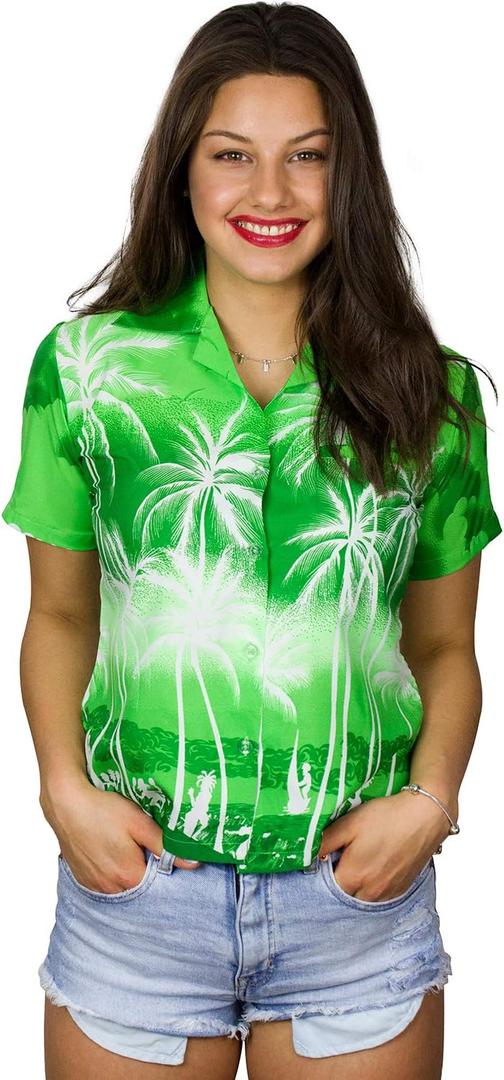 Women's Blouse-Shirt Short-Sleeve Casual-Button-Down Short-Sleeve Hawaii-Shirt Sunset Ocean-Time (XX-Large, Blouse-jk-beach-design-negative-green)