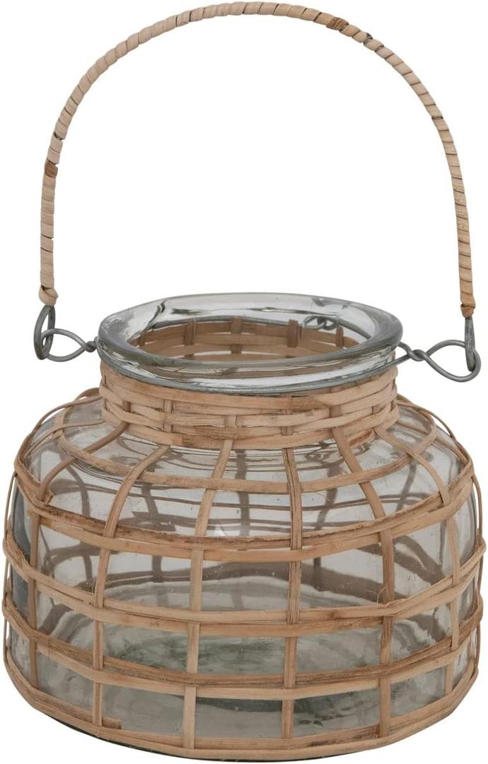 Bloomingville Glass Rattan Wrapped Tealight Holder with Handle Vase, 5" L x 5" W x 4" H, Natural,AH2300