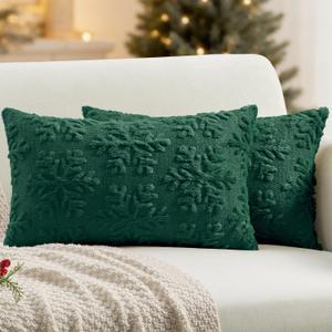 MIULEE Christmas Dark Green Lumbar Throw Pillow Covers Snowflakes Decorative 12×20 Inch Faux Wool Winter Festival Couch Pillow Covers Set of 2 Farmhouse Holiday Home Decors for Sofa Livingroom Bed