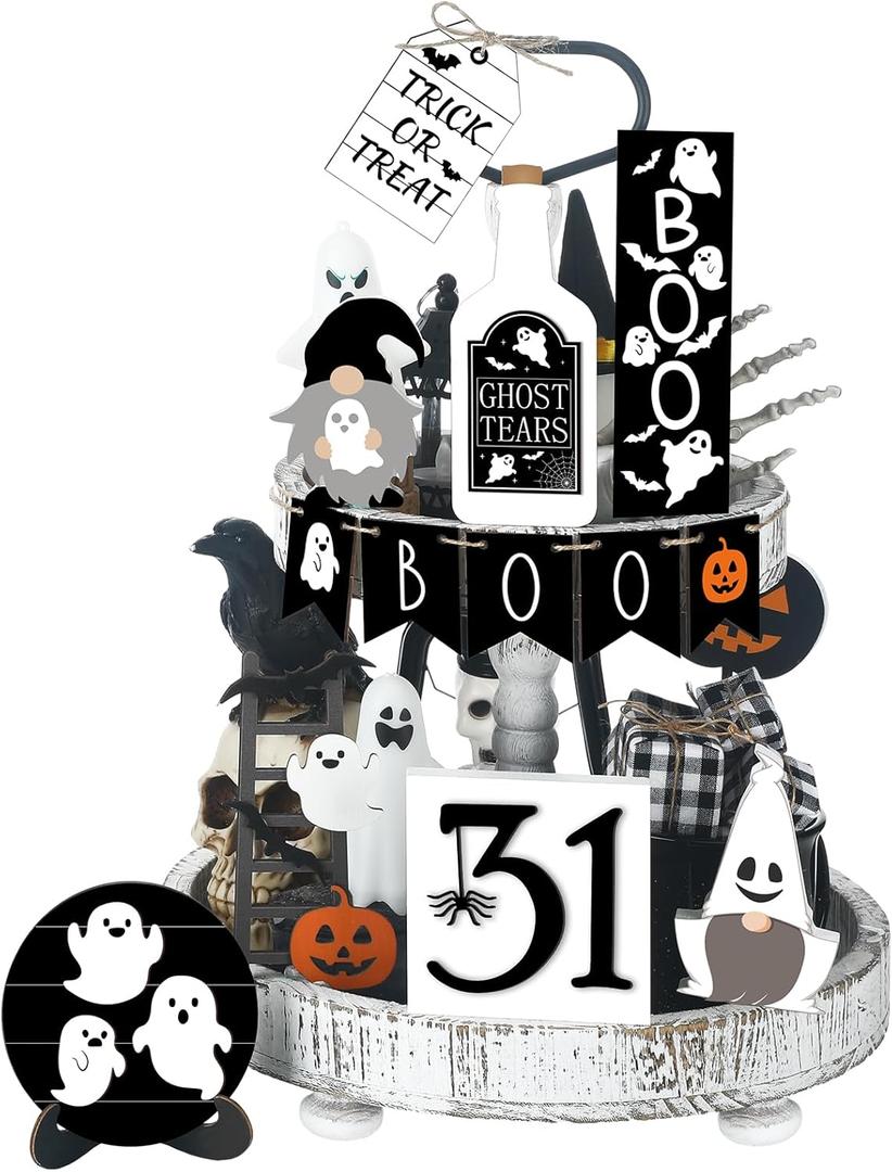 Jetec Halloween Tiered Tray Decorations Wooden Ghost Halloween Coffee Bar Decor Fall Tray Decor Set Farmhouse Rustic Boo Wooden Signs for Home Table Houseroom,12 Pcs