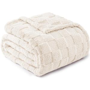 Exclusivo Mezcla Twin Size Flannel Fleece Blanket, Super Cozy and Warm Lightweight Cute Checkered Blankets for Women, 60x80 Inches, Ivory