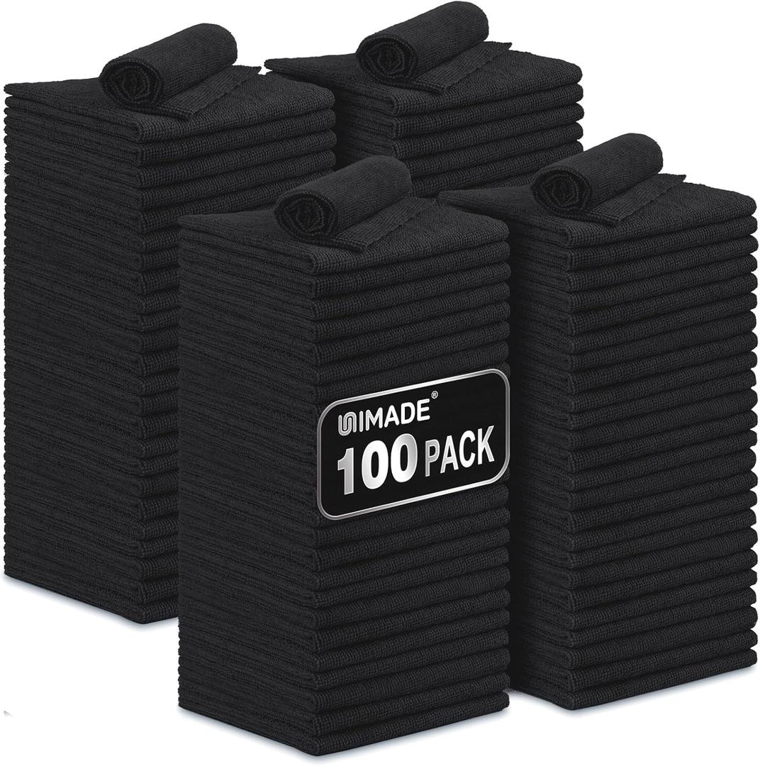 Microfiber Cleaning Cloth, 100 Pack Microfiber Towels for Cars Commercial Grade Work Rags Bulk Detailing Cloth for Automotive Bar Mechanic Restaurant Garage Housekeeping, 11.5"x 11.5", Black