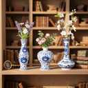 Set of 3 Small Blue & White Porcelain Vases, Fambe Glaze Porcelain Vases Set of 3, Classic Ceramic Flower Vases for Home Dcor