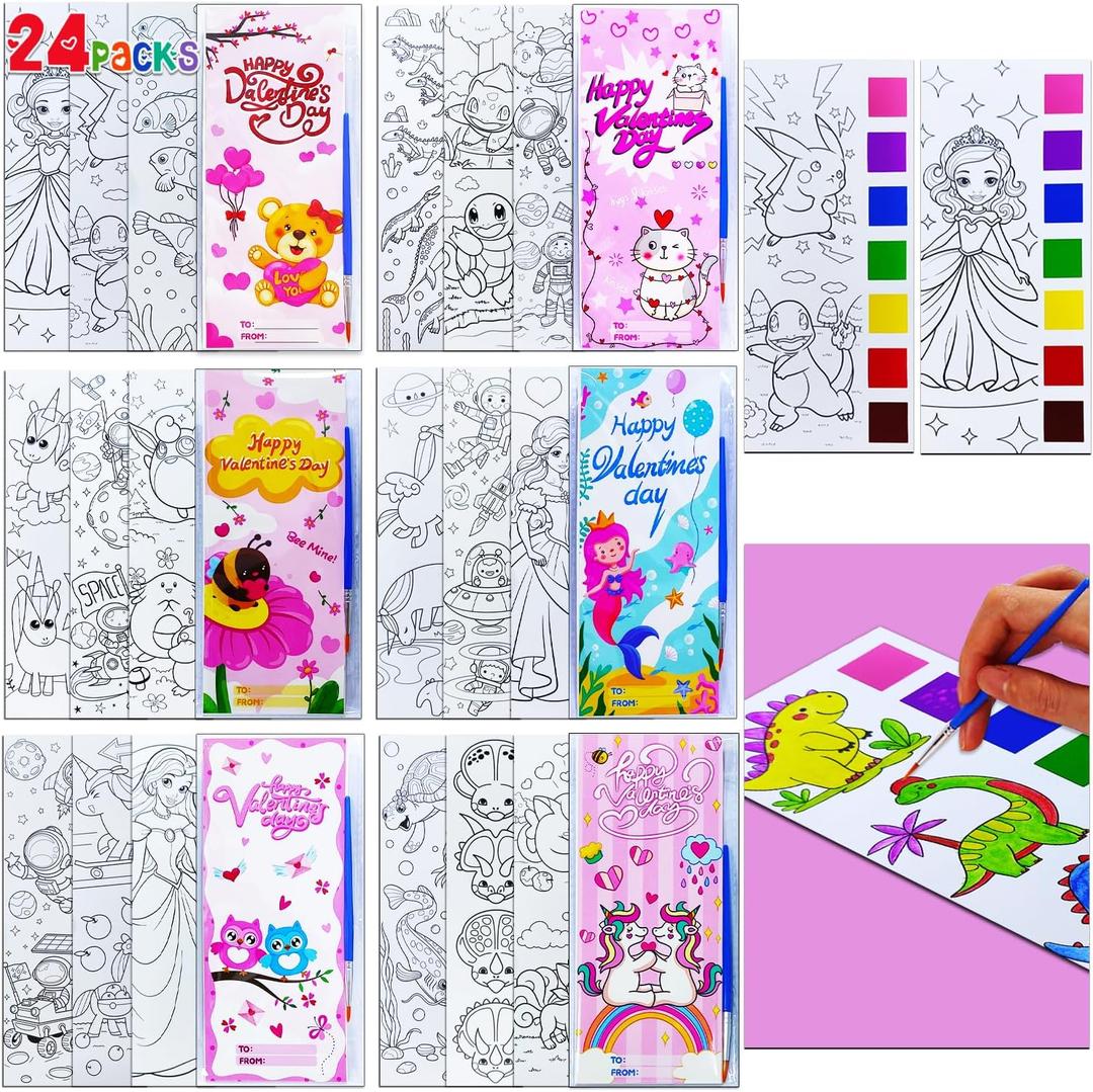JUNQIU 24 Pack Valentines Day Cards For Kids School, Watercolor Coloring Book Set, Valentines Day Gifts For Kids Classroom Exchange, Paint Party Favors Valentines Crafts