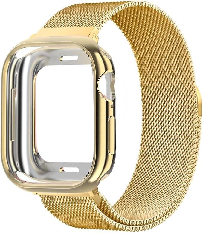 Mesh Loop with Bling Case Compatible with Apple Watch Band, Stainless Steel Metal Strap with Cover for iWatch Series 10 9 8 7 6 SE