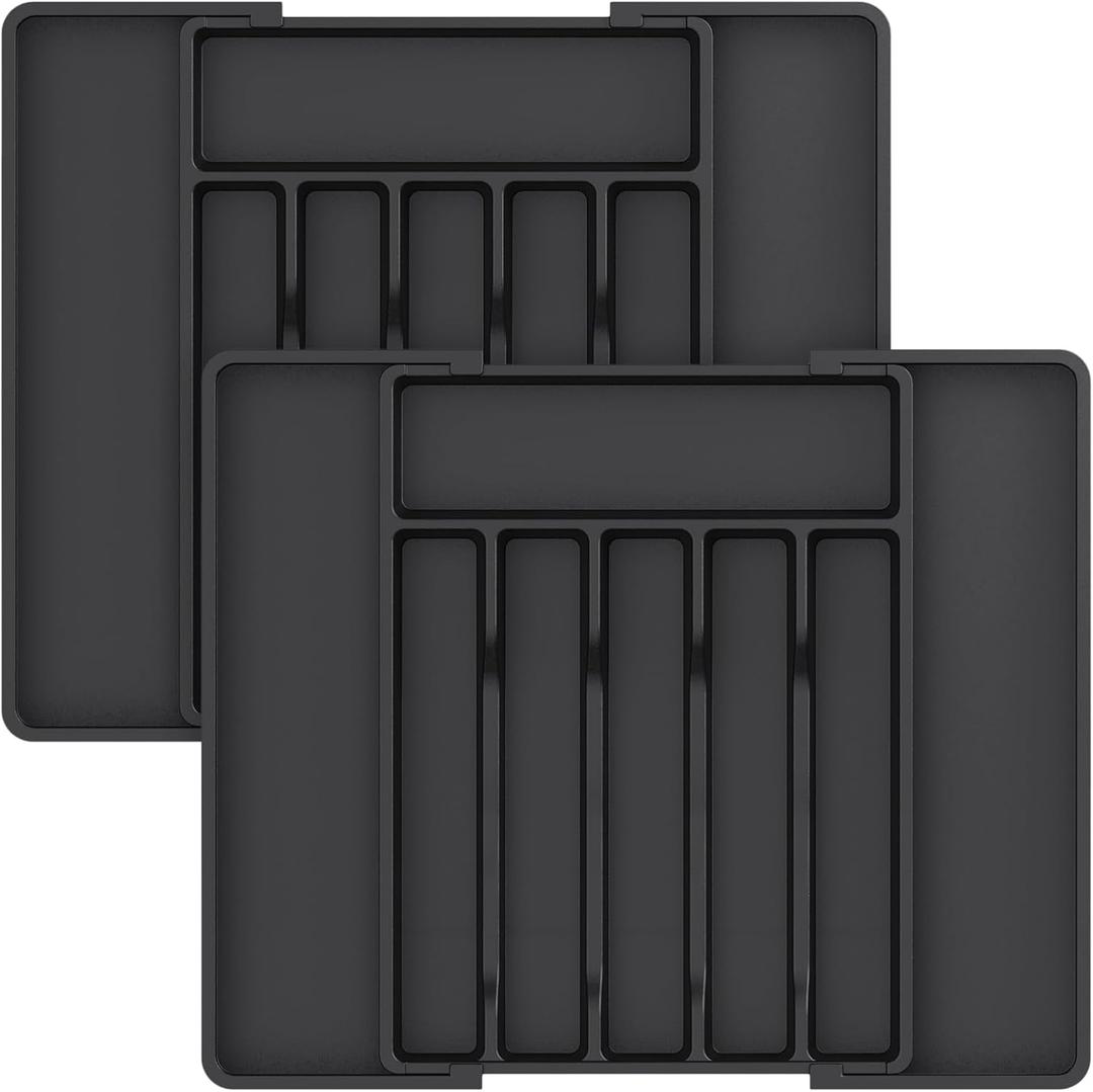 Lifewit Silverware Drawer Organizer, Expandable Utensil Tray for Kitchen, BPA Free Flatware and Cutlery Holder, Adjustable Plastic Storage for Spoons Forks Knives, 2 Pack, Black