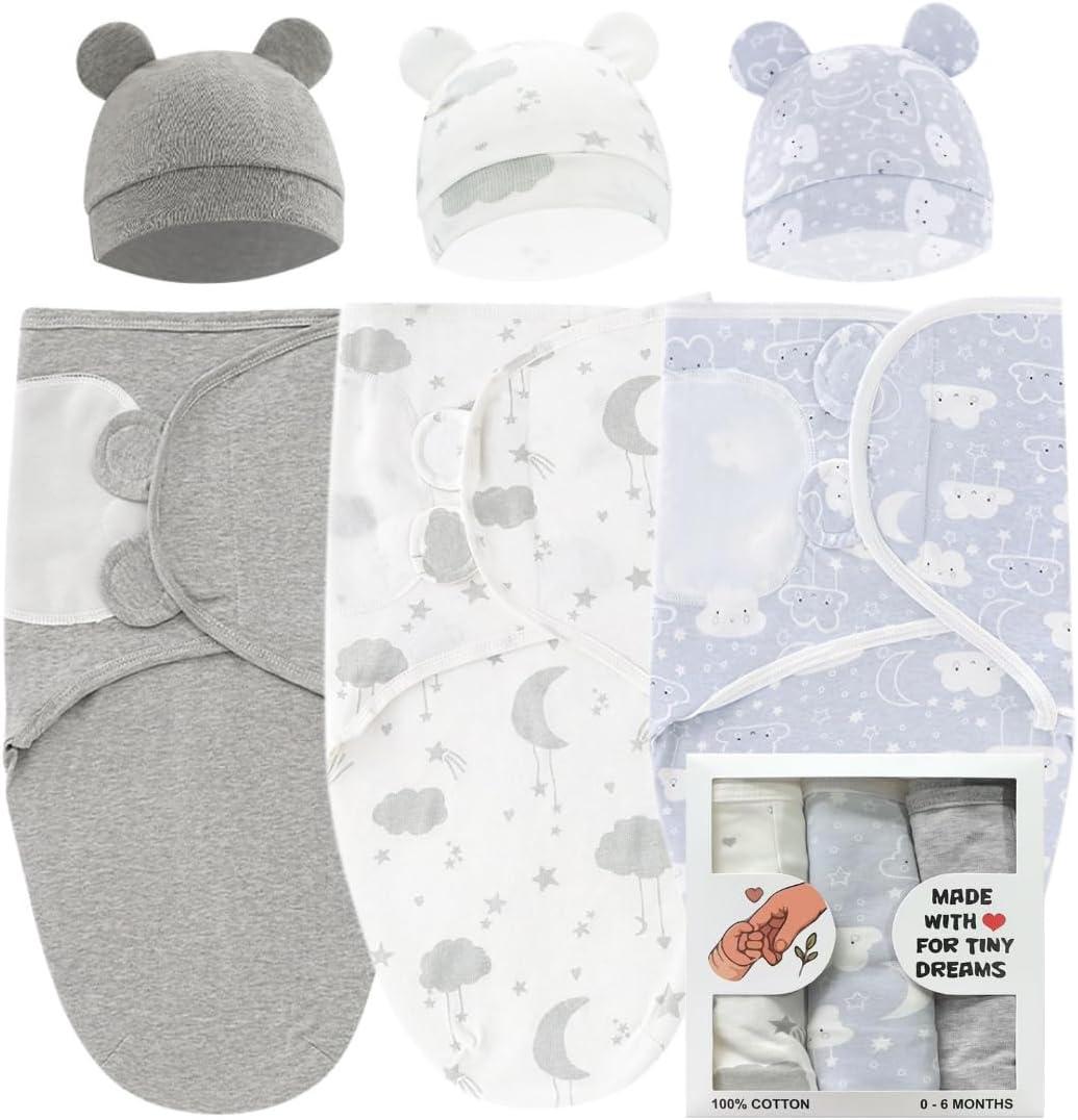 Baby Swaddle 3-Pack Ultra Soft & Breathable 100% Cotton Newborn Swaddle Blanket, 0-6 Months Baby Sleep Sack, Ergonomic Stretch Fabric for Better Sleep