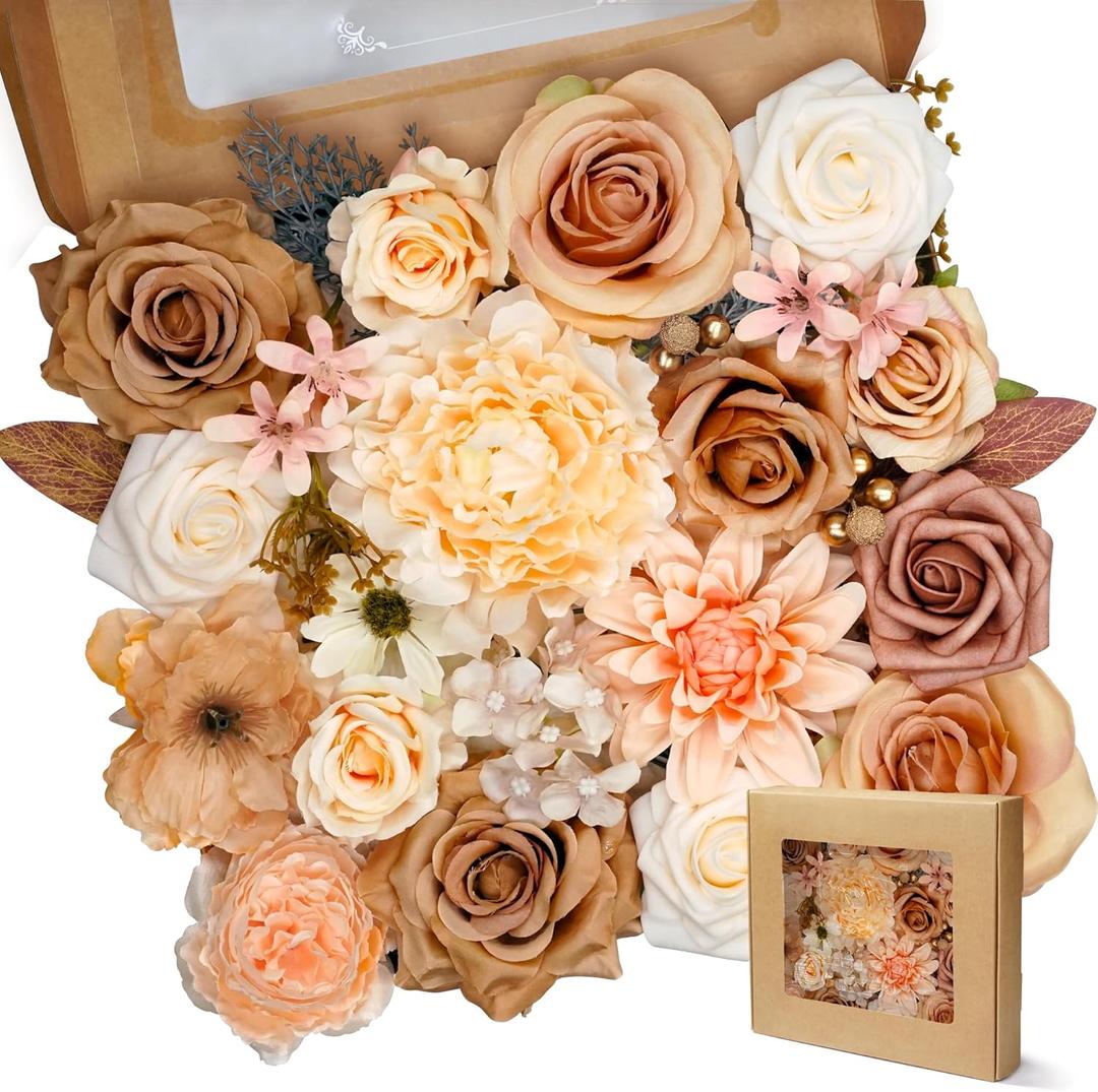 35PCS Champagne Silk Flowers Artificial - Faux Flowers Combo Box Fake Rose, Peonies with Stem for DIY Wedding Cake Arch Bouquets Baby Bridal Shower Centerpieces Party Wall Home Decorations (Yellow, Pink, Champagne, white)