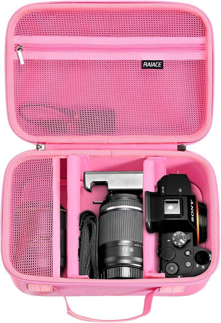 RAIACE Hard Case Compatible with Sony Alpha 7 II III IV/7R V Camera, for Nikon, for Canon, for Pentax and More. Large Capacity With Mesh Pocket for Lens, Charger, Cables, Cards and Accessories.-Pink