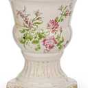 Sungmor Small Ceramic Urn Planter - Pink Scroll Floral Pedestal Flower Pot, Decorative Vintage Chinoiserie Style Planters, Tuscan Accent Vase Indoor Outdoor Plant Holder with Drainage